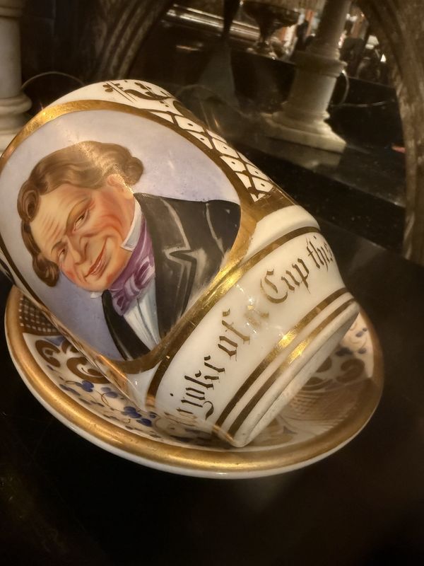 c1860 Large French Presentation Hand Painted Portrait Cup and Saucer  "No Joke of a Cup This"