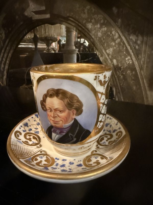 c1860 Large French Presentation Hand Painted Portrait Cup and Saucer  &quot;No Joke of a Cup This&quot;