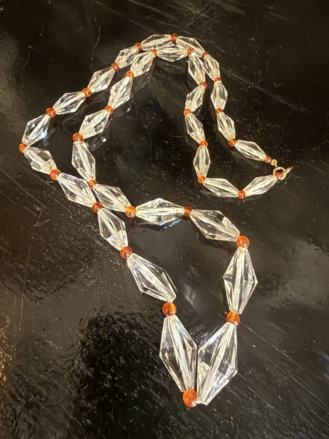 Deco Crystal Necklace Princess Length Carnelian Accents
