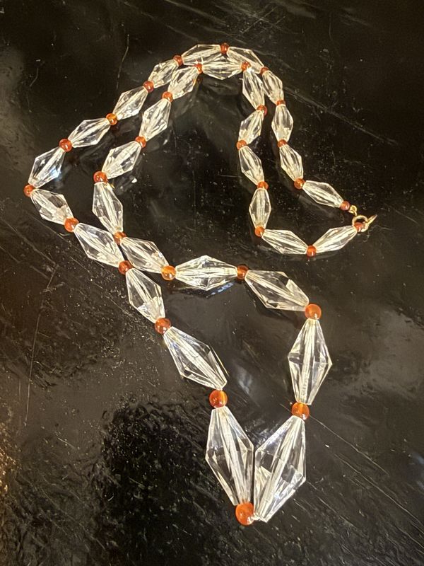 Deco Crystal Necklace Princess Length Carnelian Accents