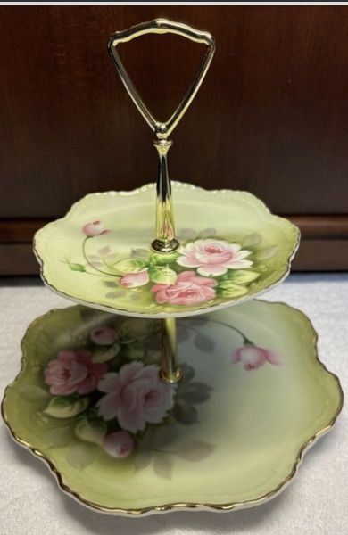 Heritage Lefton 2Tier Hand Painted Rose Tea Tidbit Stand
