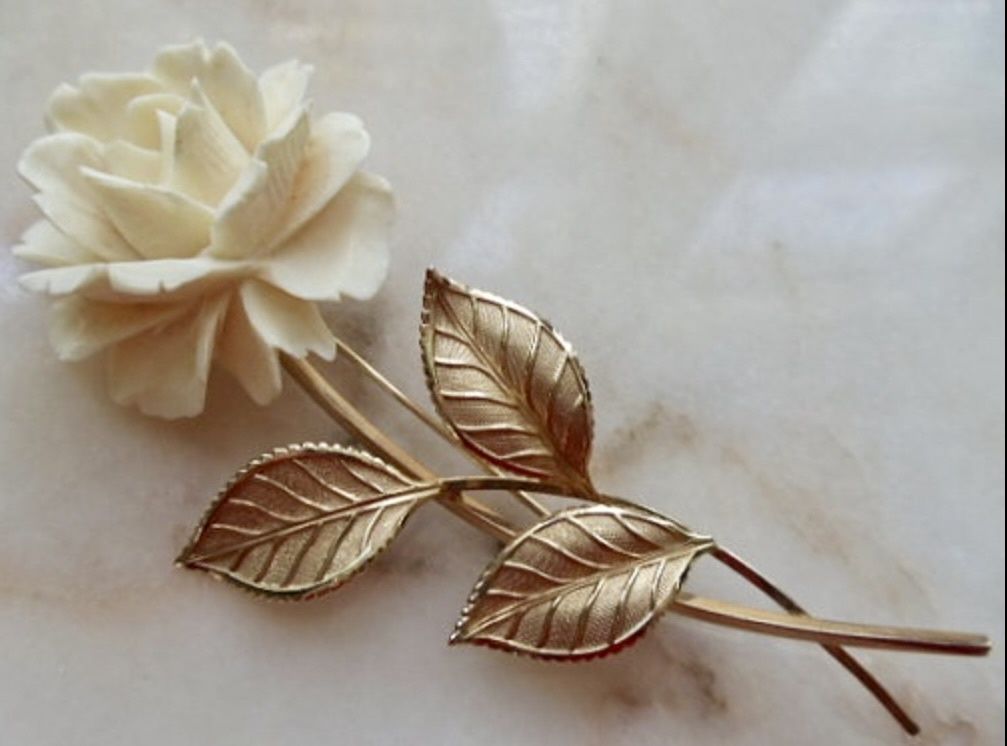 Vintage Van Dell 12Kt GF Faux Ivory Rose Brooch