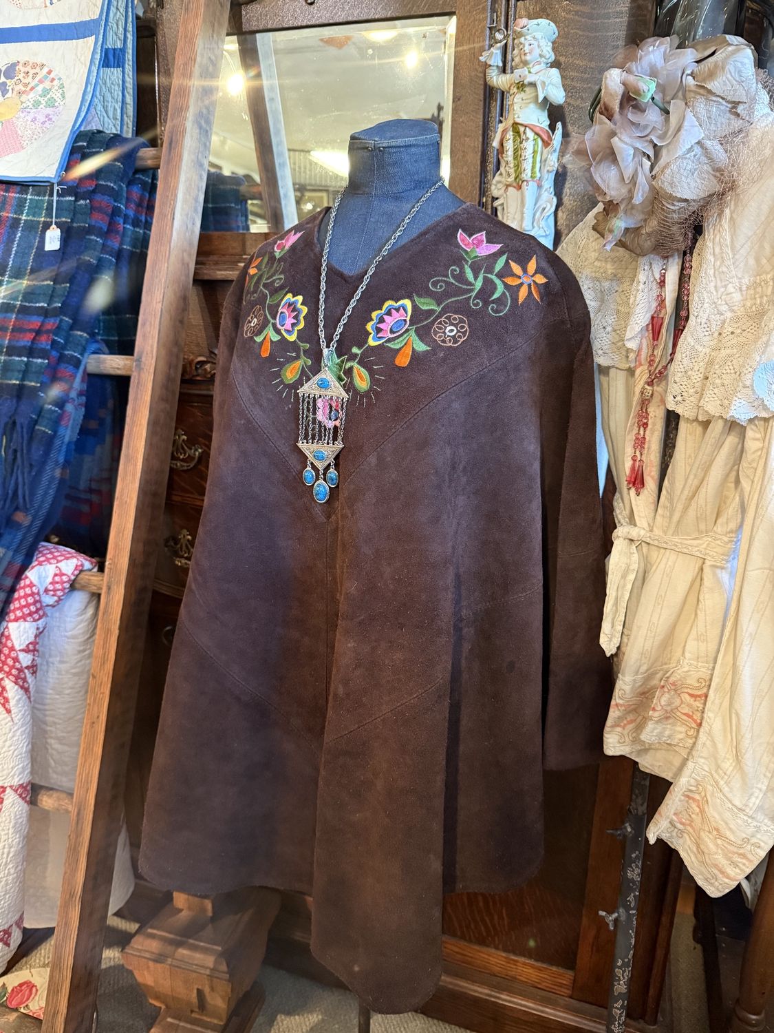 1970s Embroidered Suede Poncho-Groovy