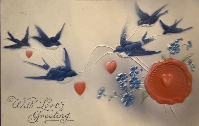 Antique Postcard 1Cent Stamp 1909 One Cent With Love&#39;s Greeting Swallows and Embossed Heart