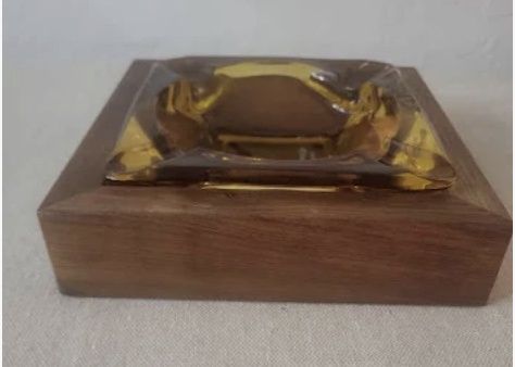 Mid-Century MCM Walnut Wood With Amber Glass Ashtray Insert Decatur Industries