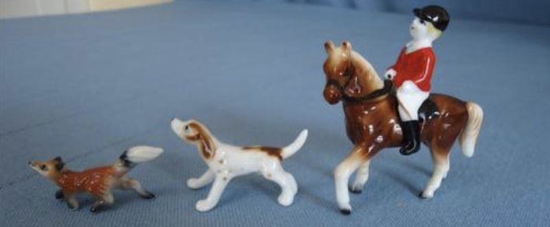 Vintage Miniature Porcelain Fox Hunt Horse and Rider and Pointer Dog 3 PC