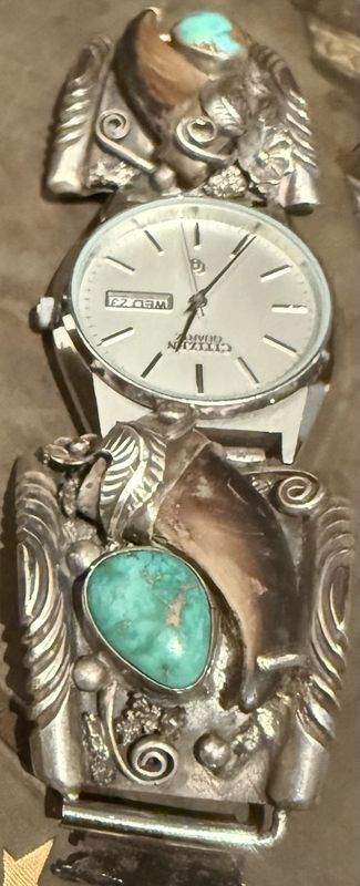 Sterling Bear Claw Turquoise Watch Ends by the Native American Navajo Silver Smith Cortez Early 1970s Authentic Navajo South Western Art Piece
