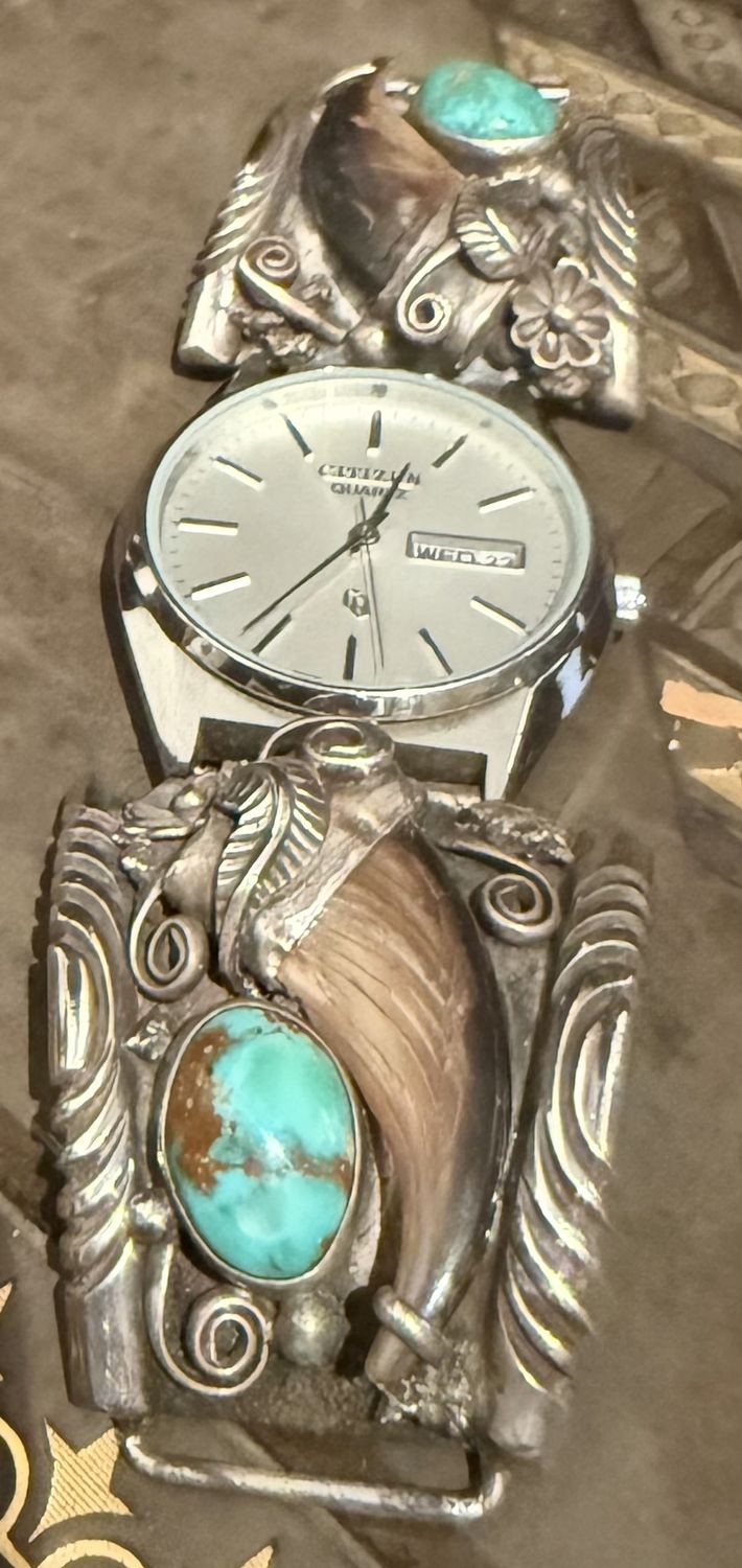 Sterling Bear Claw Turquoise Watch Ends by the Native American Navajo Silver Smith Cortez Early 1970s Authentic Navajo South Western Art Piece