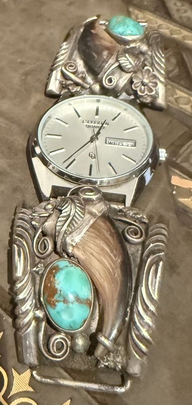 Sterling Bear Claw Turquoise Watch Ends by the Native American Navajo Silver Smith Cortez Early 1970s Authentic Navajo South Western Art Piece