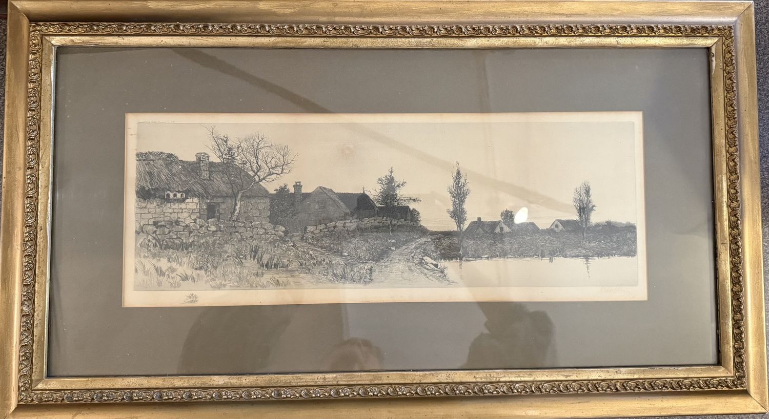 J. Haller Signed Etching Village Horizontal in Gold Frame