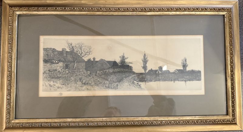 J. Haller Signed Etching Village Horizontal in Gold Frame