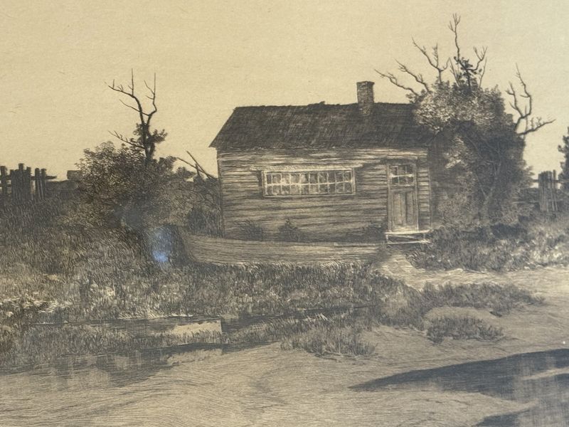 "Oysterman's Home" on Brass Plate on Original Oak Frame Antique Etching