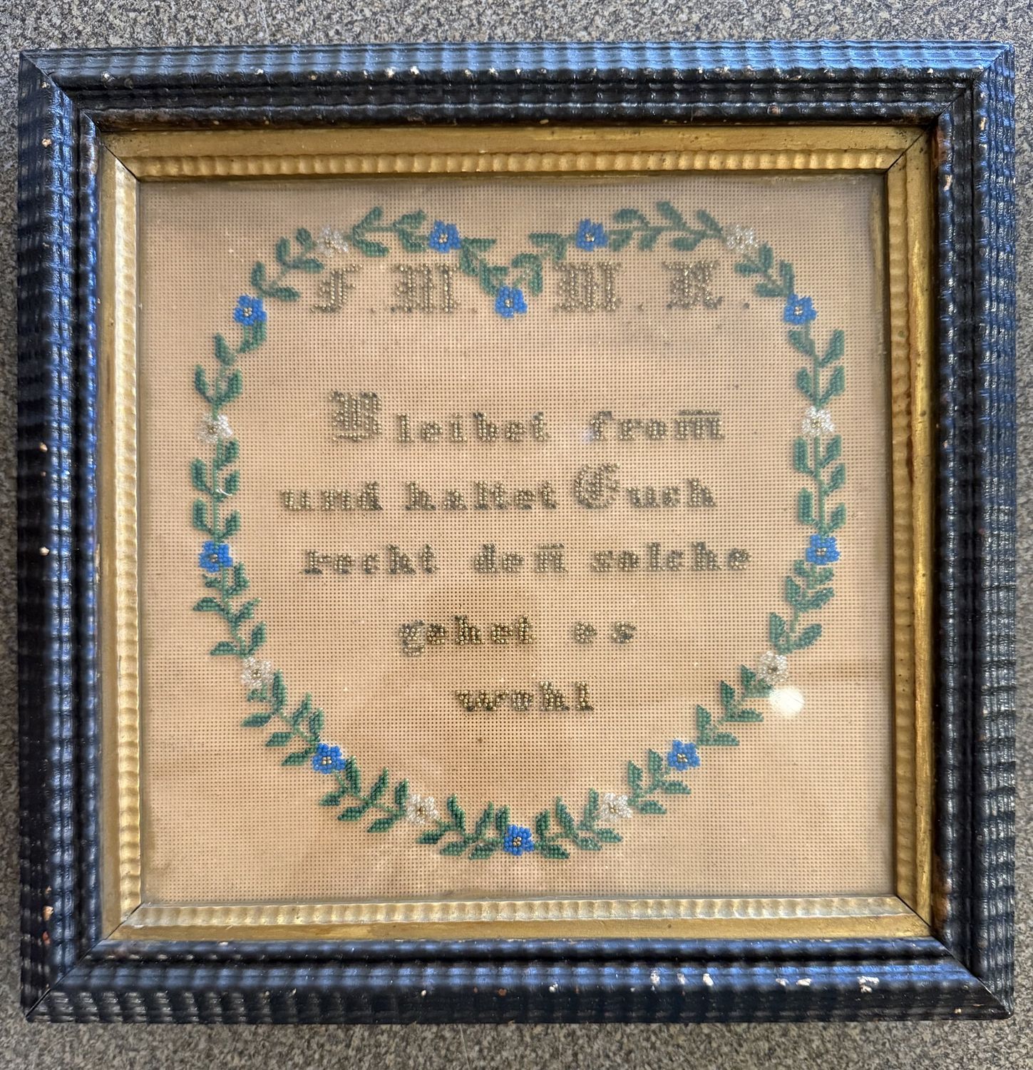 Antique German Original Wood Frame Bead Work Sentiment =Stay pious and keep right, because that&#39;s how it goes well