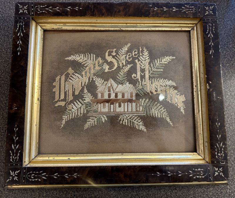 Antique Victorian Punch Work "Home Sweet Home" in Carved Ebonized Gesso Frame
