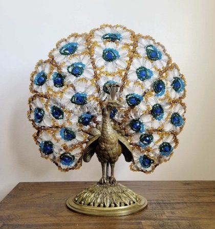 RARE Art Deco Era Czech Bead Peacock Lamp