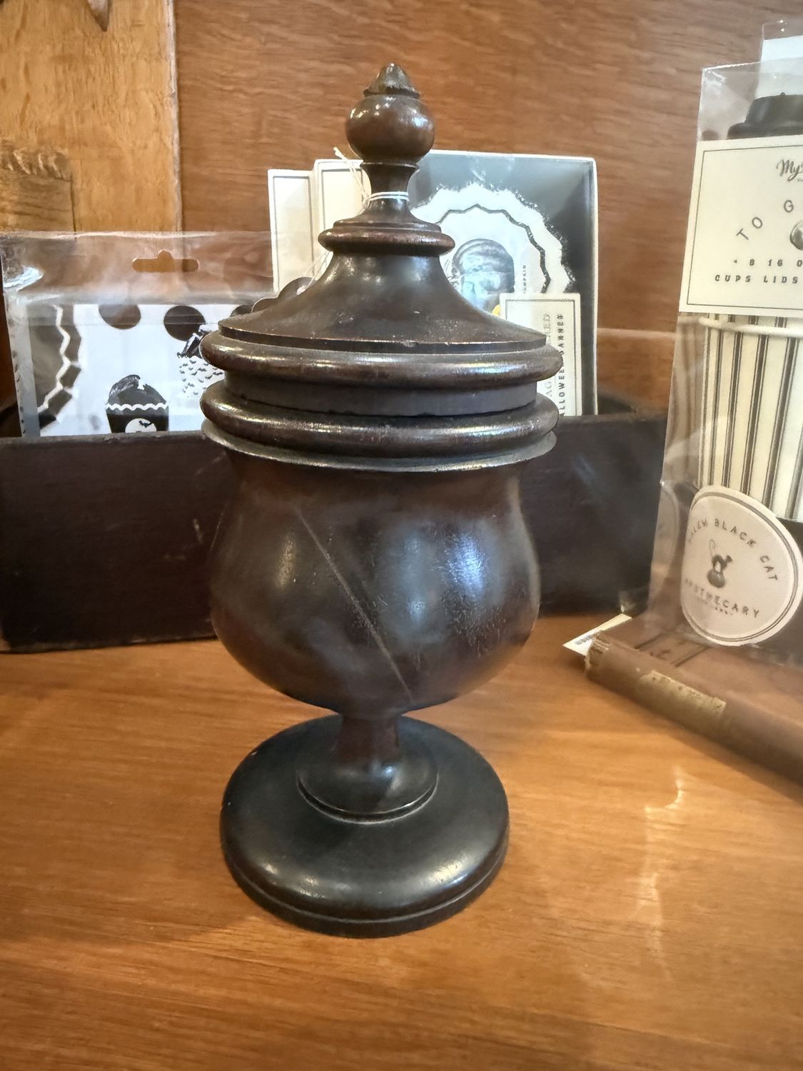 Antique Walnut Turned Wood Stemmed Treen Box with Finial
