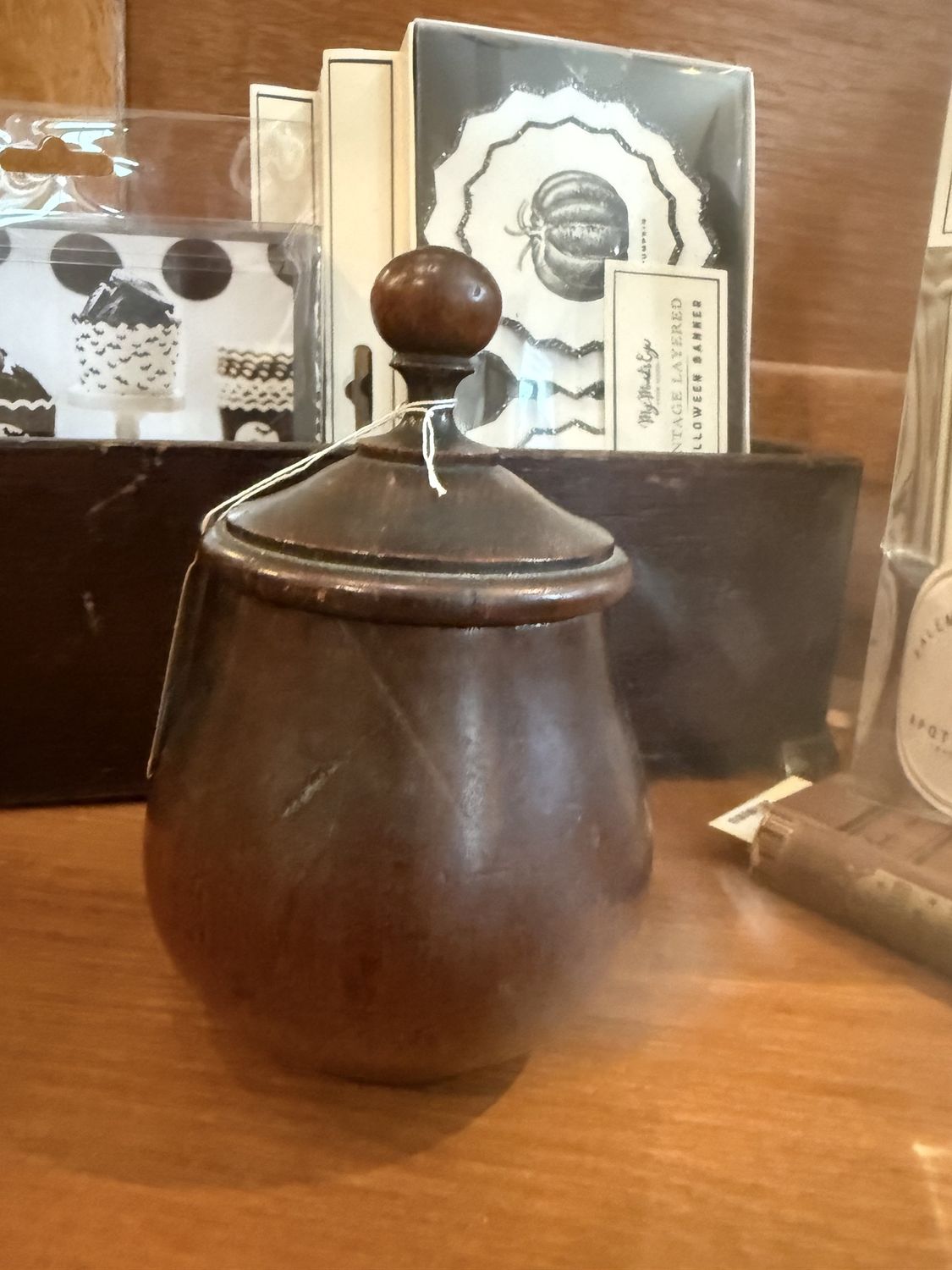 Antique Treen Box with Stem and Finial