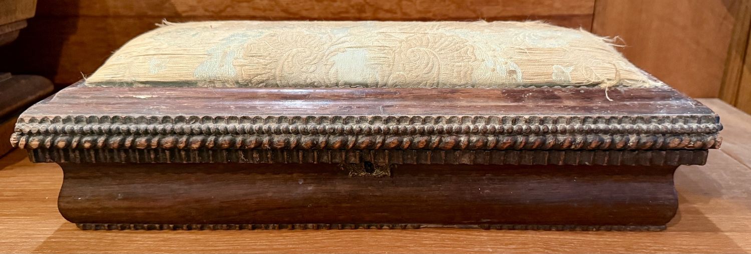 Victorian Carved Walnut Sewing Pin Cushion Box