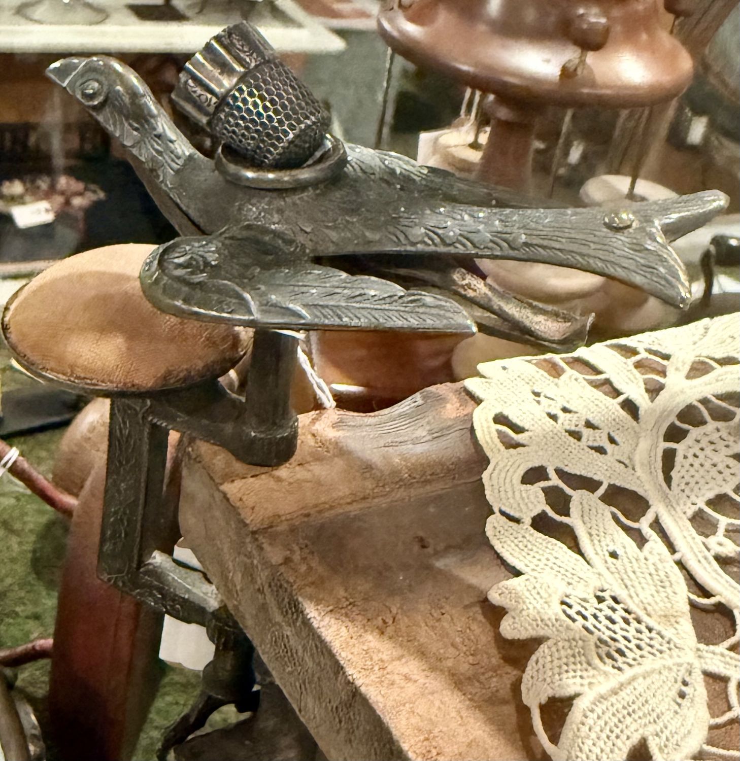 Victorian Sewing Bird Clamp w/Sterling Thimble Pin Cushion