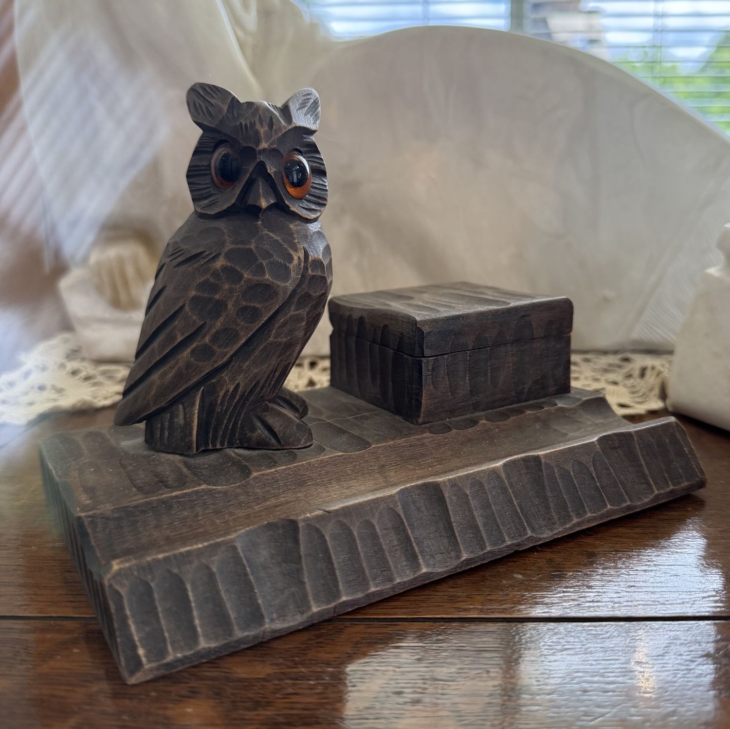Black Forest Carved Wood Owl Ink and Pen Stand