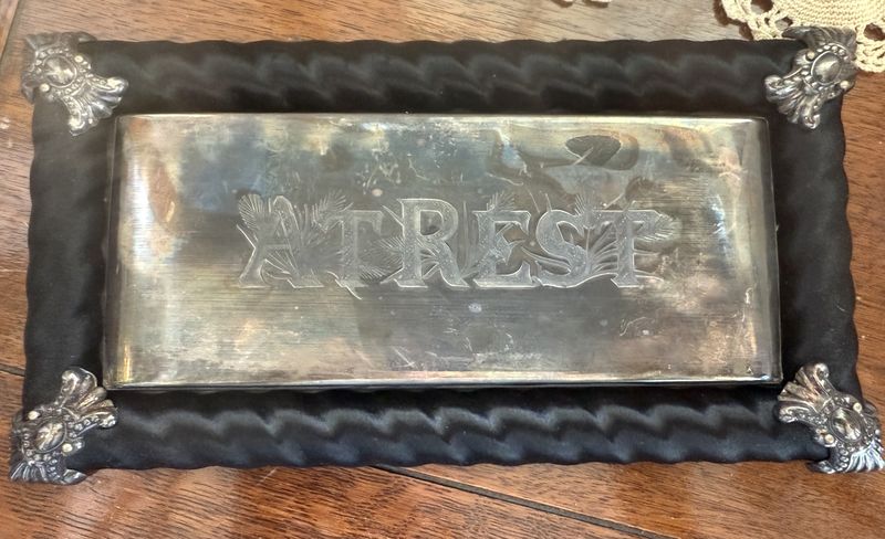 Antique Funeral Coffin Casket Plaque &quot;At Rest&quot; Silver Plated and Framed