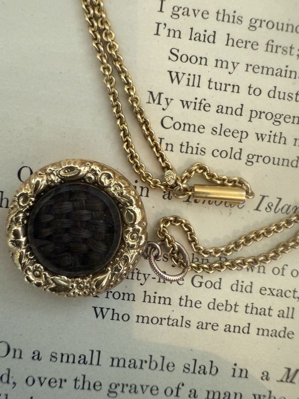 1860s 15 Ct Gold Chain w/ Barrel Clasp and Repousse Bezel surround on Beveled Glass w/Woven Memori Hair in Original Jeweler Box