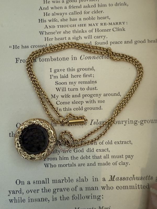 1860s 15 Ct Gold Chain w/ Barrel Clasp and Repousse Bezel surround on Beveled Glass w/Woven Memori Hair in Original Jeweler Box