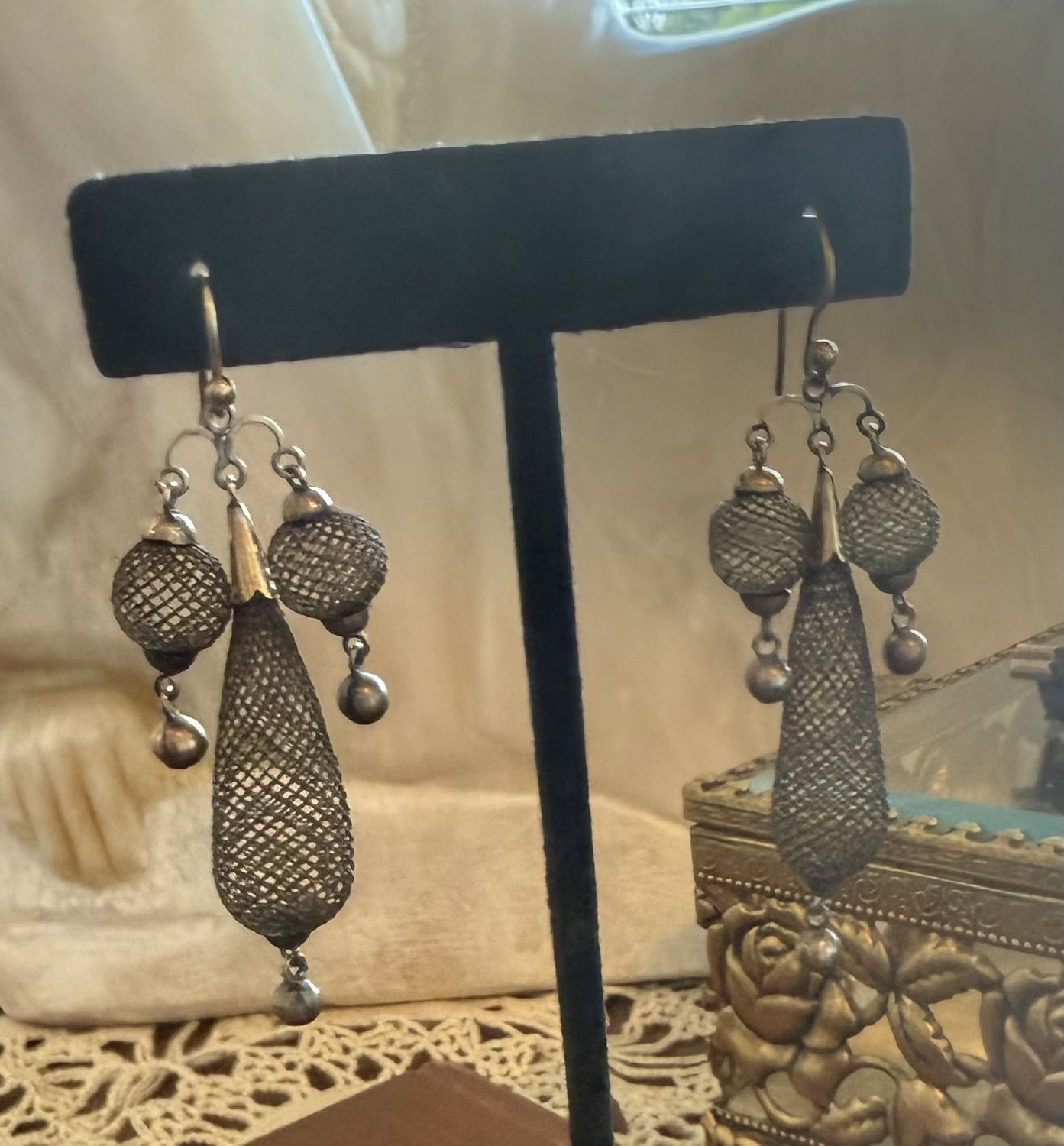 Victorian 14Kt and Elaborate Memori Woven Hair Dangle Earrings
