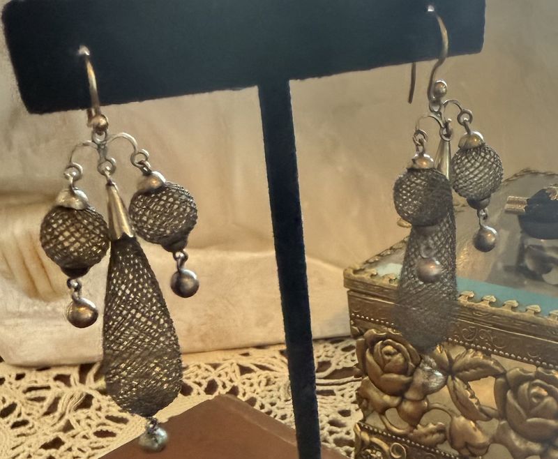 Victorian 14Kt and Elaborate Memori Woven Hair Dangle Earrings