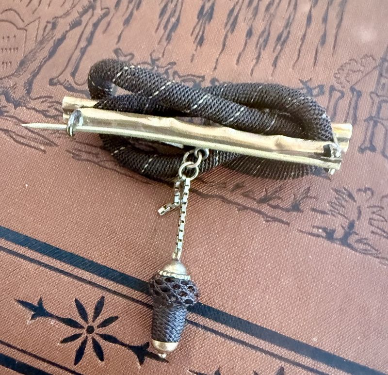 Victorian Gold and Woven Hair Memori Brooch w/Acorn Dangle