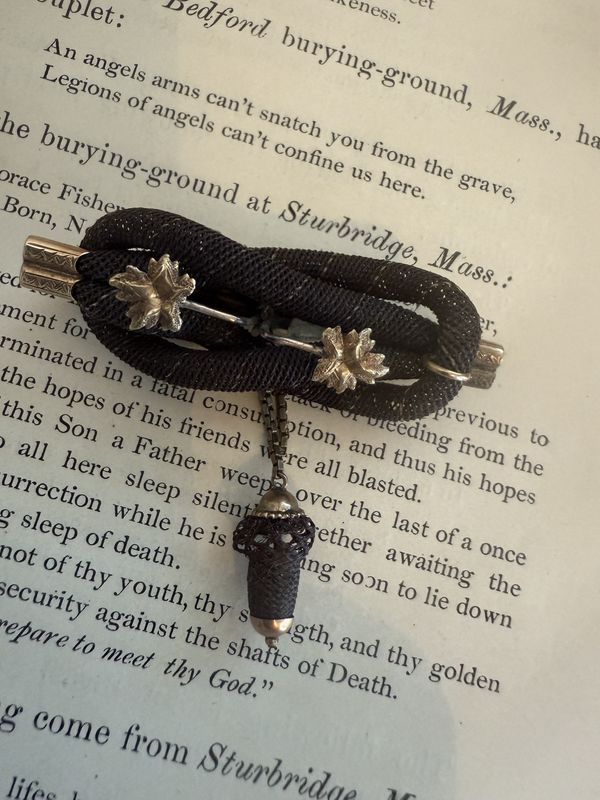 Victorian Gold and Woven Hair Memori Brooch w/Acorn Dangle