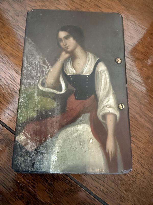 Antique Early Victorian  paper mache Hand Painted Snuff Box Hinged