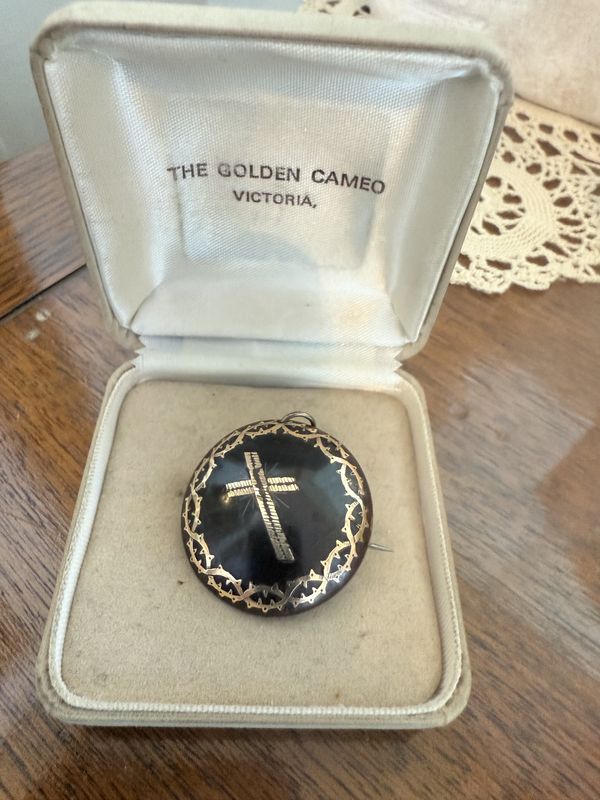 Victorian Circa 1870 Pique Jet Cross Brooch/Pendant in Antique jewelry Box