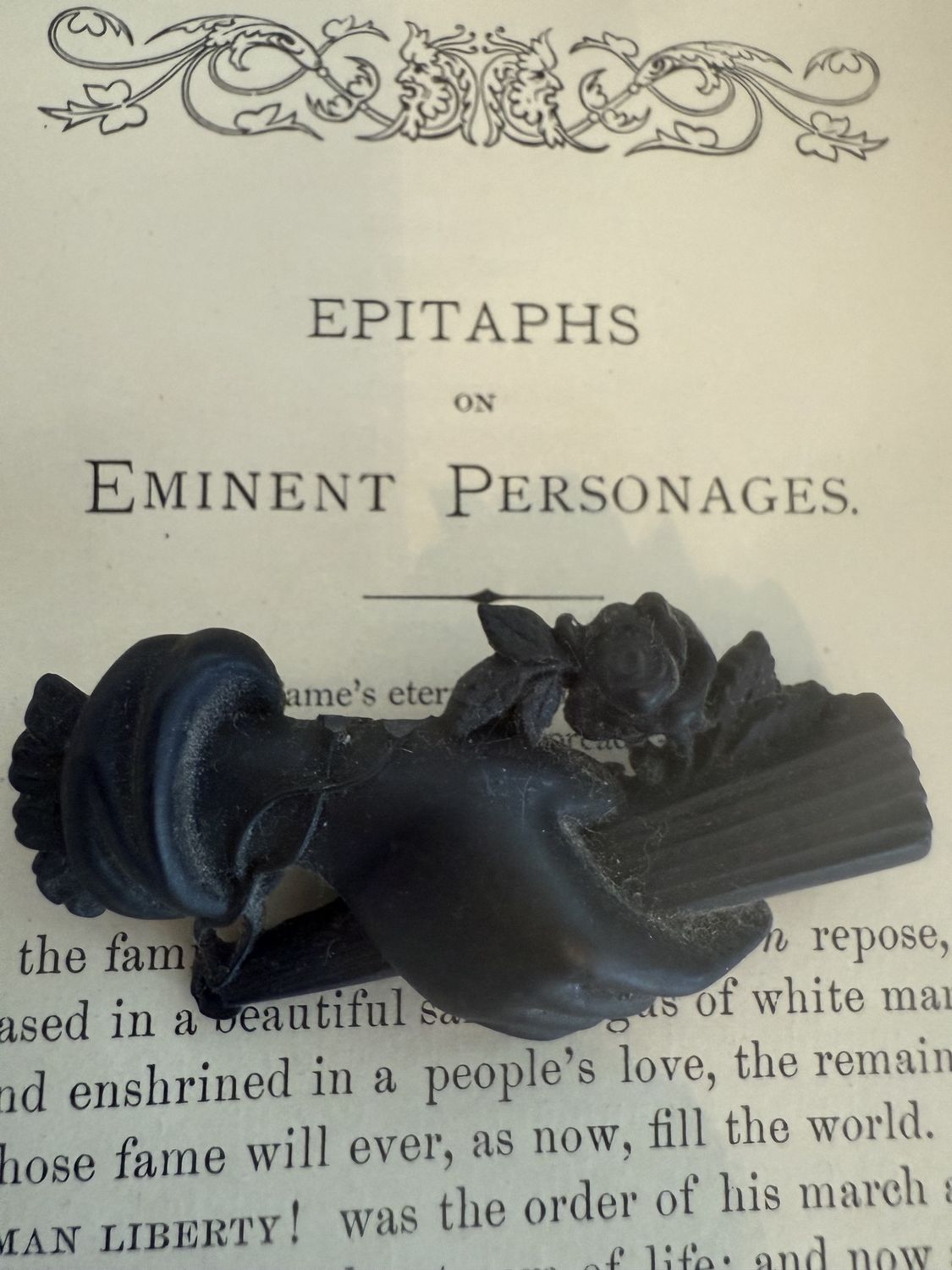 Victorian Bog Oak Hand with Fan Brooch