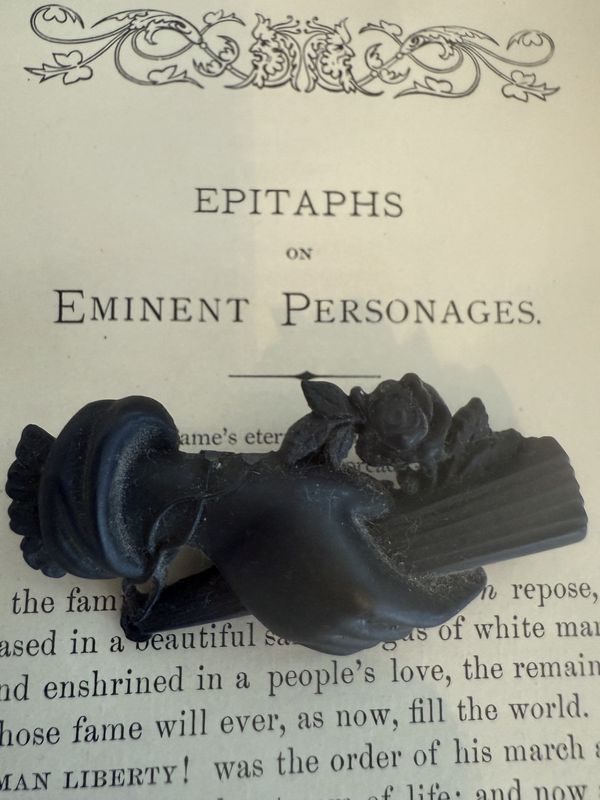 Victorian Bog Oak Hand with Fan Brooch