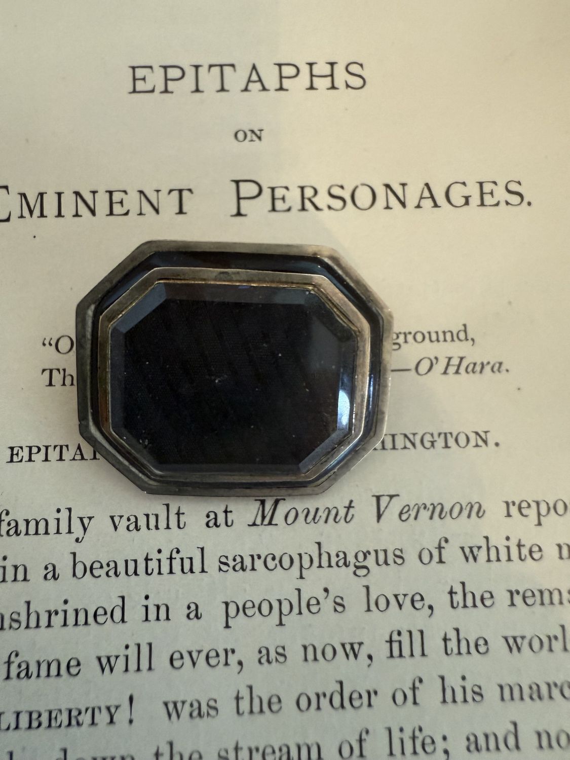 Victorian Mourning Brooch Blach Fabric inside of Glass Window with Enameled Gold Surround