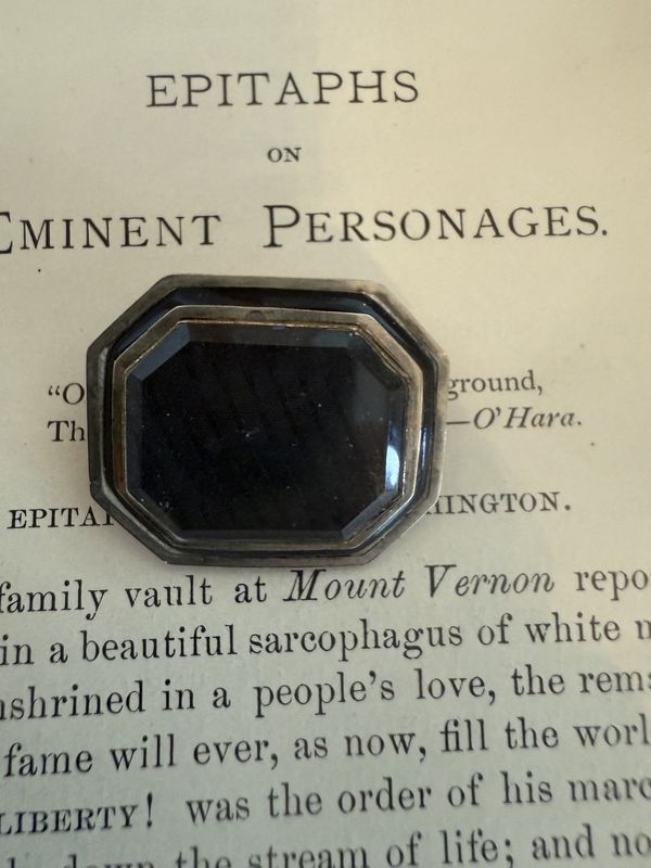 Victorian Mourning Brooch Blach Fabric inside of Glass Window with Enameled Gold Surround