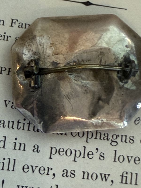 Victorian Mourning Brooch Blach Fabric inside of Glass Window with Enameled Gold Surround