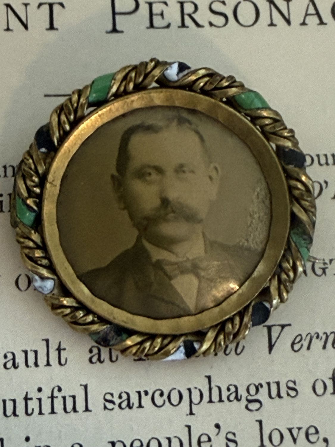 Victorian Portrait Brooch Gentleman with Enameled Metal Surround