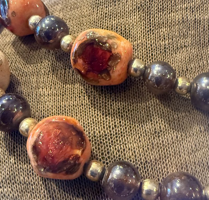 Mid Century Pottery and Glass Bead Triple Strand w/Brass Fancy Clasp Necklace
