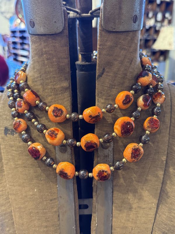 Mid Century Pottery and Glass Bead Triple Strand w/Brass Fancy Clasp Necklace