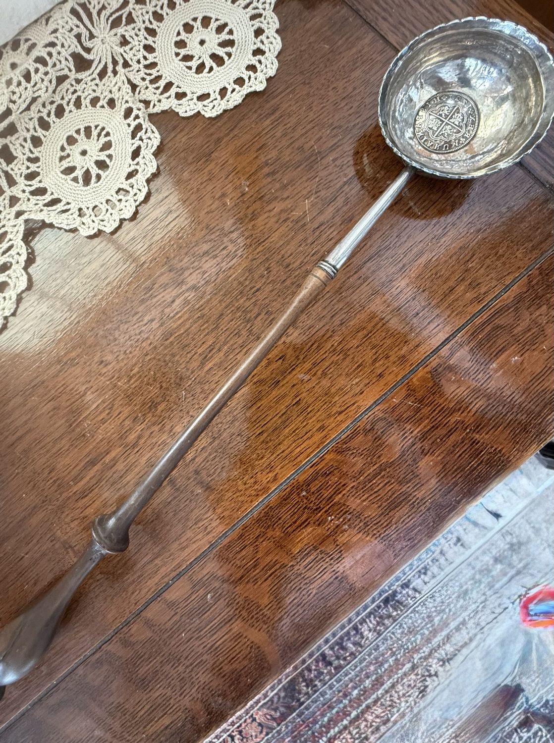 FRANCIS CRUMP (1711-1800) Sterling Silver Ladle with Turned and Spanish 1721 Reale Base Wood Handle and