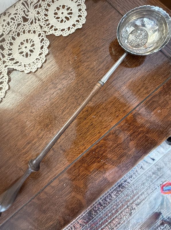 FRANCIS CRUMP (1711-1800) Sterling Silver Ladle with Turned and Spanish 1721 Reale Base Wood Handle and