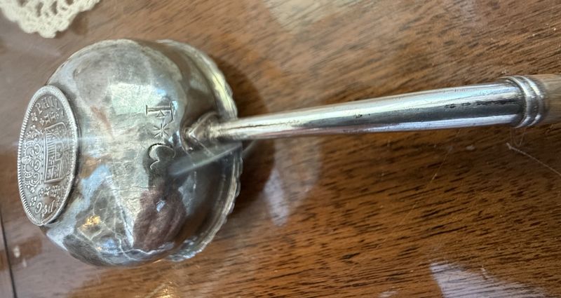 FRANCIS CRUMP (1711-1800) Sterling Silver Ladle with Turned and Spanish 1721 Reale Base Wood Handle and