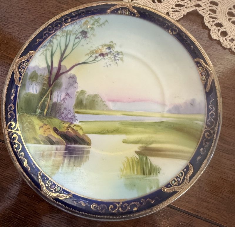 Hand Painted Nippon Porcelain Scene Large Jam and Under Plate