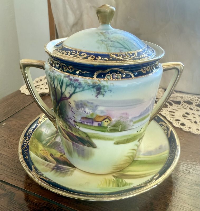 Hand Painted Nippon Porcelain Scene Large Jam and Under Plate