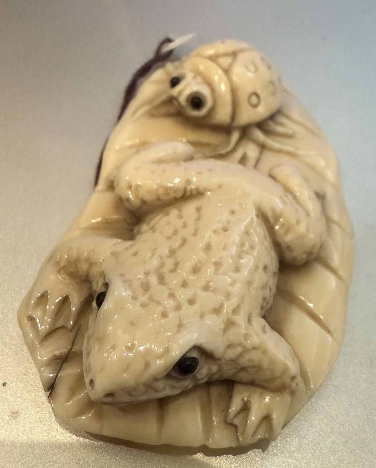 Antique Craved and Signed Ivory Netsuke Frog and Ladybug on a Leaf Bead