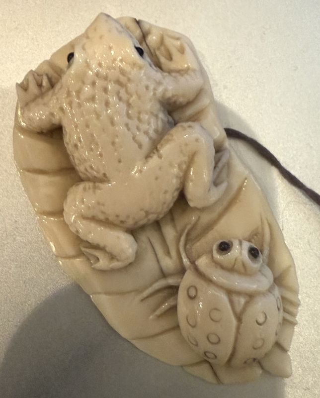 Antique Craved and Signed Ivory Netsuke Frog and Ladybug on a Leaf Bead