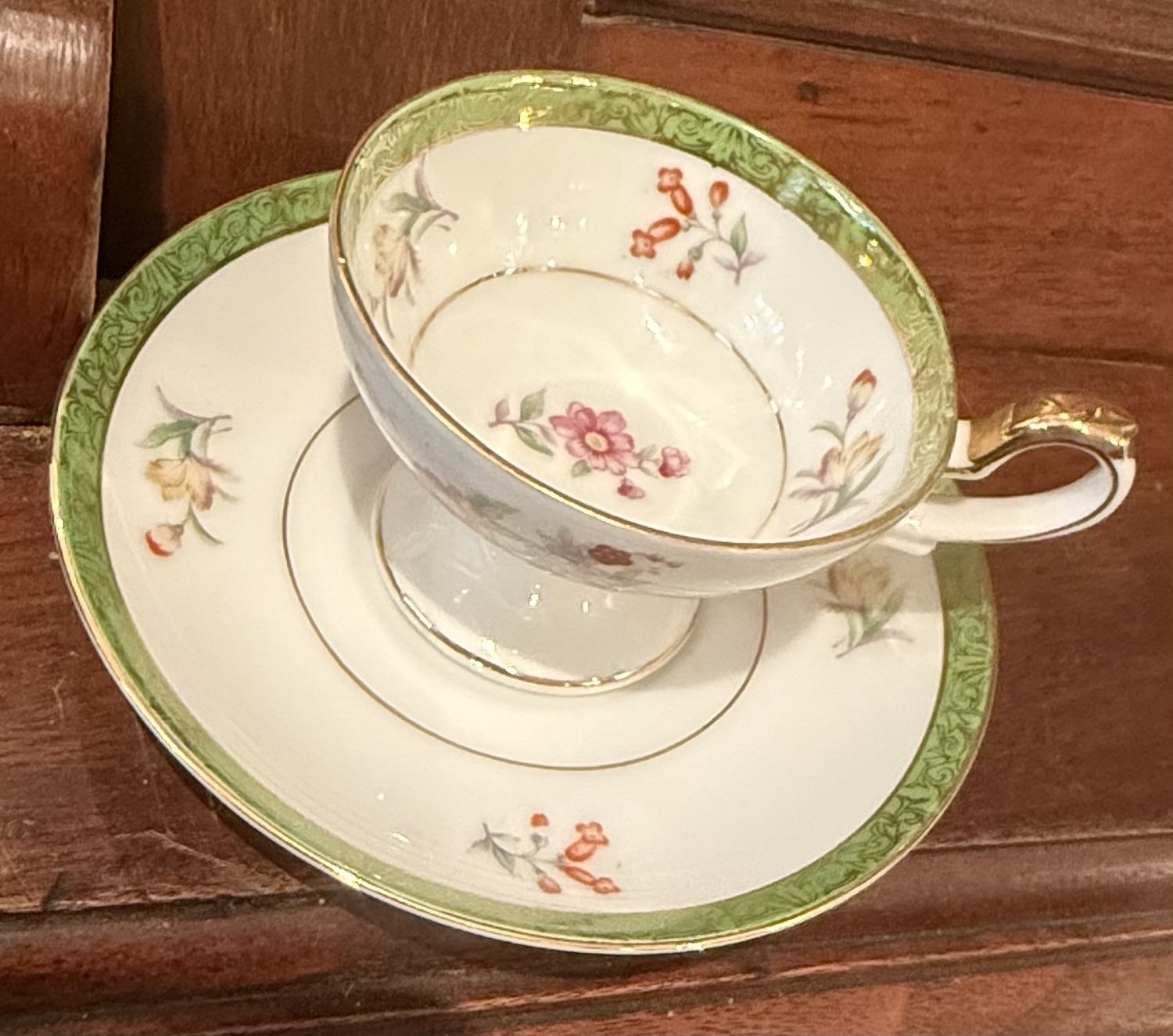 Occupied Japan China Cup and Saucer Green Rim and Floral