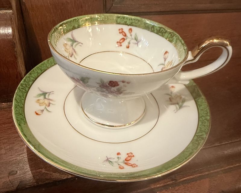 Occupied Japan China Cup and Saucer Green Rim and Floral